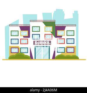 Farbenfrohes Schulgebäude. Flache Vektorgrafik Illustration Cartoon-Stil Stock Vektor
