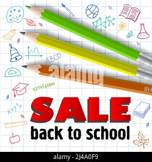 Verkauf, Schulschriftzug und Buntstifte. Angebot oder Verkauf Werbedesign. Getippte Texte, Kalligraphie. Für Prospekte, Broschüren, Einladungen, p Stock Vektor