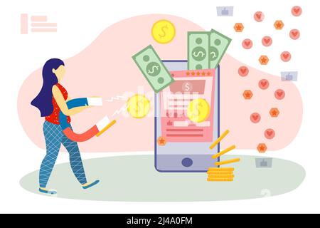 Monetarisierung des Social-Media-Profils. Verdienen Sie Geld online flache Vektor-Illustration. Influencer-Marketingstrategie und Marketing-Investitionskonzept. Stock Vektor