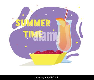 Tequila Cocktail bei Sonnenaufgang. Sommergetränk. Teller mit Kirschen. Flache Vektorgrafik Stock Vektor