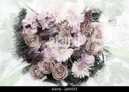 Schöne Mischung Blumen mit Tulpen, Rosen und Gerberas in Bleistiftzeichnung Stil Stockfoto