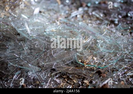 Zerbrochenes Glas durch zerbrochene Fenster. Die Luftwaffe der russischen Armee bombardierte zivile Objekte. Raketenangriff. Krieg Russlands gegen die Ukraine. 20.03.2022, Stockfoto