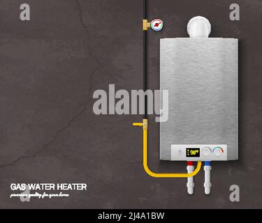 Farbige und realistische Gas-Wasser-Heizkessel Zusammensetzung mit Werkzeugen An der Wand auf grauem Hintergrund Vektorgrafik Stock Vektor