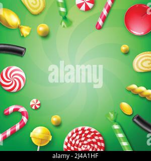 Vector Candy Flat Lay mit verschiedenen Bonbons in rot, gelb gestreiften Folienwicklern, Drall Lutscher, Weihnachtsstock und Copyspace Draufsicht auf grünem Backgroun Stock Vektor