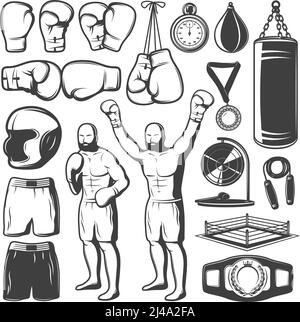 Boxing schwarz weiß Elemente Set mit Kampfsportbekleidung und Ausrüstung Trophäen isoliert Vektor Illustration Stock Vektor