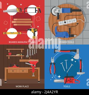 Tischlerei farbige Kompositionen mit der Herstellung der Bretter arbeiten die Elektrowerkzeuge Isolierte Vektordarstellung der Instrumente Stock Vektor