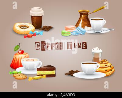 Kaffee dekorative Symbole Set mit Getränk und süße Desserts isoliert vektorgrafik Stock Vektor