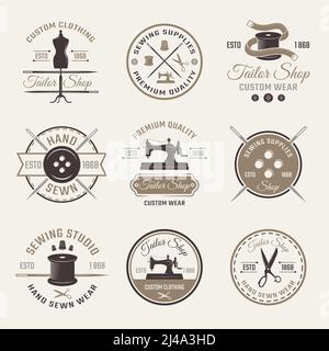 Farbe Schneider Emblem oder Logo-Set mit Beschreibungen der benutzerdefinierten Kleidung tragen Hand genäht und Premium-Qualität Vektor Illustration Stock Vektor