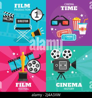 Vierfarbiges quadratisches Icon-Set mit Attributen der Filmproduktion Kinozeit Filmfestival und Kinogeschichte Stock Vektor