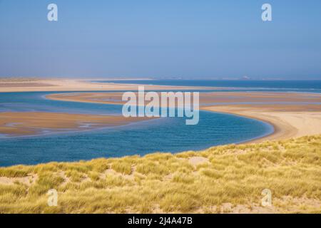 Budle Water an der Budle Bay mit Lindisfarne Castle im Hintergrund, Northumberland Coast Path, England Stockfoto