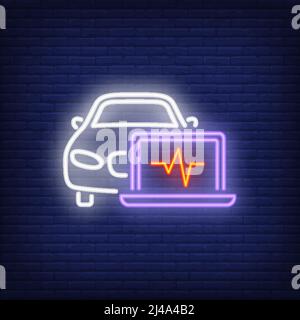 Neon-Symbol der Autodiagnose. Laptop, Kardiogramm, Fahrzeug. Reparaturkonzept für das Auto. Kann für Wartung, Garage, Service, Support verwendet werden Stock Vektor