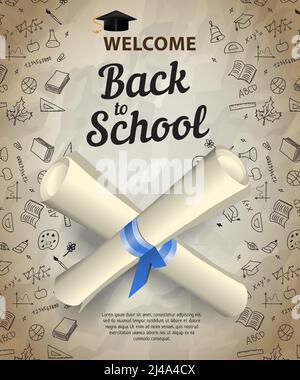Willkommen, zurück zur Schule Schriftzüge und gekreuzte Diplomrollen. Angebot oder Verkauf Werbedesign. Handgeschriebener und getippte Text, Kalligraphie. Für Flugblätter Stock Vektor