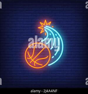 Basketball bricht durch die Wand und fliegende Neon-Zeichen. Basketball-, Mannschaftsspiel- und Sportkonzept. Werbedesign. Nacht hell bunte Plakatwand, Stock Vektor