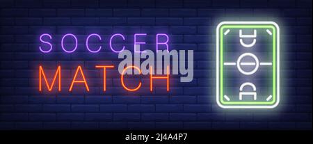 Fußballspiel Neon Text mit Fußballplatz. Design von Sport- und Wettwerbung. Nachts helles Neonschild, bunte Plakatwand, Lichtbanner. Vektor-Abb. Stock Vektor