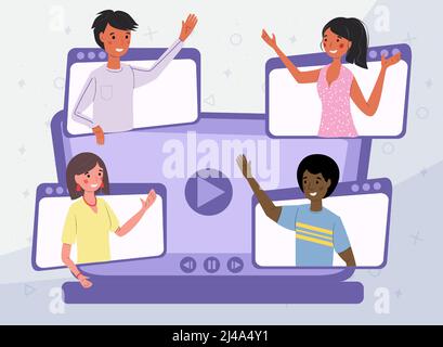Videokonferenz-Freunde kommunizieren über Videokommunikation auf dem Hintergrund eines großen Computers, Konzept-Vektor-Illustration. Freundschaft und Kommunikation Stock Vektor