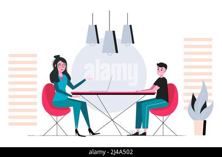 Vorstellungsgespräch und Arbeitsvermittlungsgeschäftstreffen und Rekrutierung HR-Manager und Stellenangebot Konzept. Arbeitgeber und Kandidat sprechen bei Vorstellungsgespräch vect Stock Vektor