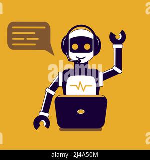 Chat bot Roboter sagen hallo Vektor flache Cartoon-Figur Illustration auf gelbem Hintergrund sprechen Blase Voice Support Service Chat bot virtuelle Online-Hilfe Stock Vektor