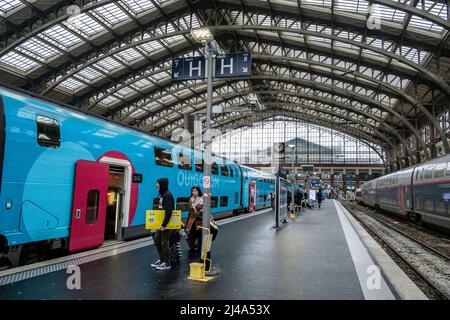 Gare Lilles Flandres a Lilles et Trains Ouigo | Bahnhof Lilles Flandres in den Zügen Lilles und Ouigo Stockfoto