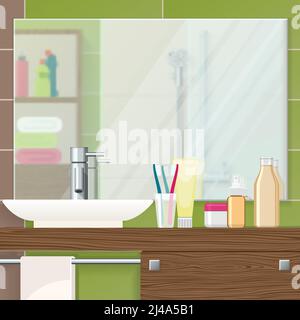 Badezimmer innen Nahaufnahme mit Spiegel an gefliesten Wandwaschbecken und Kosmetik auf texturellen braunen Regal Vektor-Illustration Stock Vektor