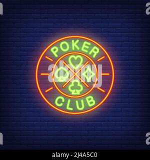 Neonschild des Poker Clubs. Text auf Roulette, Karte passt. Nächtliche Werbung. Vektor-Illustration im Neon-Stil für Glücksspiel, Casino, Spiele Stock Vektor