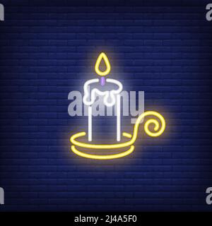 Brennende Kerze Neonschild. Leuchtendes Schild mit Kerzenlicht. Nächtliche Werbung. Vektor-Illustration im Neon-Stil für Halloween, Religion, Stock Vektor