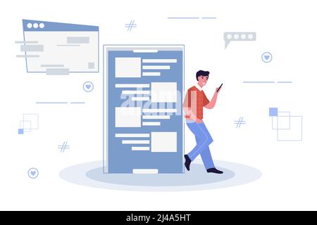 Surfen im Internet auf Smartphone junger Mann mit sozialen Netzwerk Online-Suche und Kommunikation flache Vektor Illustration Stock Vektor