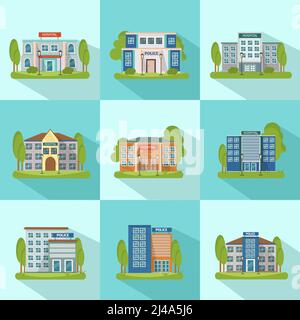 Quadratische Stadtgebäude Symbol mit Schatten isoliert und flach gesetzt Verschiedene Arten von Gebäuden Vektor-Illustration Stock Vektor