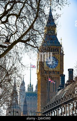 Blick auf Big Ben Uhr, Elizabeth Tower, Palace of Westminster, London, England, VEREINIGTES KÖNIGREICH. Stockfoto