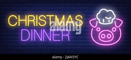 Weihnachtsessen Neon Text mit Schwein im Chefhut. Kochen, Neujahr und Weihnachtsdesign. Nachts helles Neonschild, bunte Plakatwand, Lichtbanner. Stock Vektor