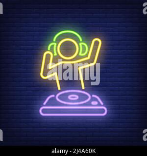 Diskjokey mit dj-Mixer Neon-Schild. Musik-, Party- und Soundkonzept. Werbedesign. Nachts helles Neonschild, bunte Plakatwand, Lichtbanner. Ve Stock Vektor