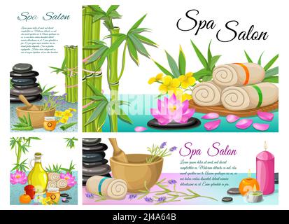 Cartoon Spa Salon Komposition mit Steinen Bambus Handtücher Lotusblume Mörser Aroma Kerzen Aloe Vera natürliches Olivenöl Vektor Illustration Stock Vektor