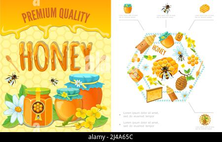 Cartoon Bienenzucht buntes Konzept mit Bienen Wabenstock Clipper Stick Blumen Gläser und Töpfe von Bio-frischen Honig Vektor-Illustration Stock Vektor