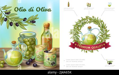 Cartoon gesunde Olive Zusammensetzung mit Kranz Flasche Glas von natürlichen Ölkannen Topf mit grünen und schwarzen Oliven Vektor-Illustration Stock Vektor