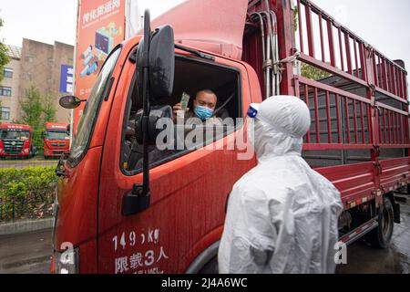 (220413) -- HANGZHOU, 13. April 2022 (Xinhua) -- Ein Mitarbeiter überprüft den Gesundheitskodex eines Fahrers, der den Hangzhou Transfar Highway Hafen in Hangzhou, der ostchinesischen Provinz Zhejiang, einfährt, 13. April 2022. Der Hangzhou Transfar Highway Port liegt im Qiantang District in Hangzhou und bedient insgesamt über 280 Logistikunternehmen, wobei täglich mehr als 7.000 Fahrzeuge den Hafen betreten und verlassen. Der Hafen ist einer der wichtigsten Logistikzentren der Stadt. Die Mitarbeiter des Autobahnhafens, die Mitarbeiter der Logistikunternehmen und die Lkw-Fahrer haben hart gearbeitet, um Suppli zu erleichtern Stockfoto