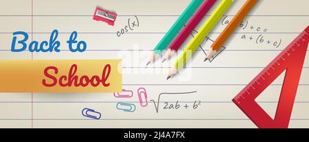 Zurück zur Schule Schriftzug auf liniertem Papier mit Bleistiften und Lineal. Angebot oder Verkauf Werbedesign. Handgeschriebener Text, Kalligraphie. Für Broschüren, Broschüre Stock Vektor