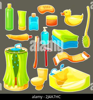 Farbige und isolierte Cartoon Badezimmer Icon Set notwendige Dinge für Duschen und Möbel Vektor Illustration Stock Vektor