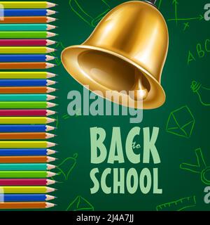 Back to School Poster Design mit Glocke, Buntstiften und grünem Kreidetafel im Hintergrund. Text kann für Schilder, Broschüren, Banner verwendet werden Stock Vektor