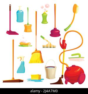 Isolierte Cartoon-Stil mit Symbolen und Bilder der Reinigung Utensilien Hausmeisterbedarf und Haushaltswaren Vektor Illustration Stock Vektor