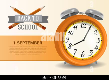 Plakat-Design mit Wecker und gekreuzten Stiften. Text kann für Schilder, Broschüren, Banner, Karten für den ersten September verwendet werden Stock Vektor