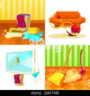 Vier quadratische Reinigung Service Icon Set mit Mittel und Werkzeuge Für die Reinigung Vektorgrafik Stock Vektor