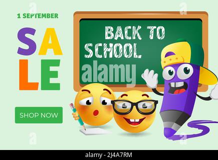 Zurück in die Schule, jetzt Bannerdesign mit Zeichentrickfilm, smarten Emotionen und Kreidetafel kaufen. Text kann für Schilder, Poster, Verkaufsflyer, Flugblätter, Stock Vektor