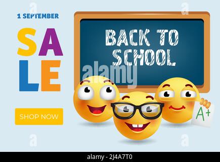 Back to School Verkauf Banner-Design mit intelligenten Cartoon Emotionen und Kreidetafel. Der Text kann für Schilder, Poster, Werbebroschüren und Flugblätter verwendet werden Stock Vektor
