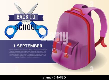 Back to School Poster Design mit violettem Rucksack und Schere. Text kann für Schilder, Broschüren, Banner verwendet werden Stock Vektor