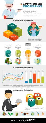Infografiken für Kochen und Marketing gesetzt. Geschäftslinien- und Balkendiagramme für Vorlagen für Präsentationsfolie. Das Analysekonzept kann für den Jahresrep verwendet werden Stock Vektor