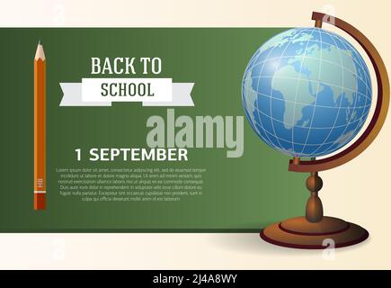 Anfang September, Poster mit Kreidetafel, Globus und Bleistift für die Schulzeit. Text kann für Schilder, Broschüren, Banner verwendet werden Stock Vektor