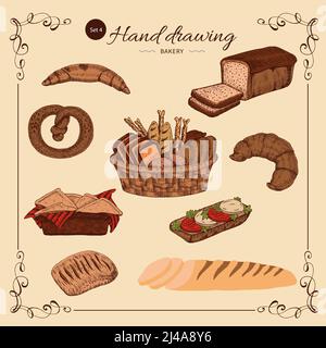Bäckerei farbige handgezeichnete Set mit dekorativem Rahmen Mehl Produkte Auf beigem Hintergrund isolierte Vektorgrafik Stock Vektor