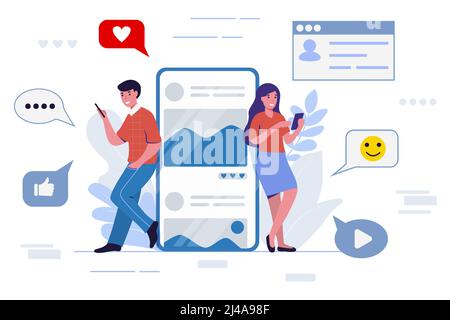 Junge Menschen Messaging mit einem Mobiltelefon oder Tablet Social Media-Netzwerk Konzept Vektor Illustration Stock Vektor