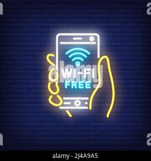 Smartphone in der Hand mit wi-Fi-freiem Neon-Text. WiFi, Kommunikation, Technologie. Werbedesign. Nacht helles Neonschild, bunte Plakatwand, Stock Vektor