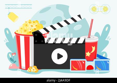 Film Hintergrund Kino Konzept Poster mit Popcorn Schüssel Klapper trinken detaillierte Vektor-Illustration Stock Vektor