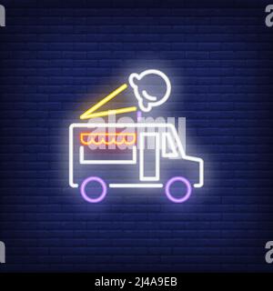 Neonschild für Eiswagen. Dessert-, Transport- und Food-Konzept. Werbedesign. Nacht hell bunte Plakatwand, Lichtbanner. Vektor-Illus Stock Vektor